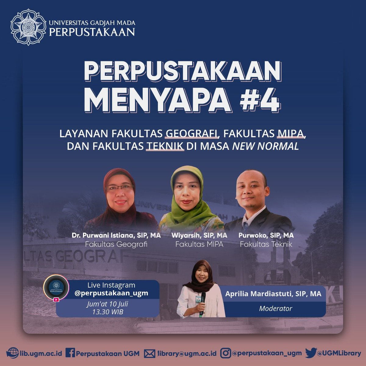 UGMLibrary's tweet photo. Buat sobat perpus yang penasaran seperti apa layanan perpustakaan Fakultas Geografi, Fakultas MIPA, dan Fakultas Teknik di masa new normal yuk tonton live Instagram @perpustakaan_ugm pada hari Jum'at 10 Juli 2020, pukul 13.30 WIB.
#PerpustakaanUGM
#UGMLibrary https://t.co/vjoprcRV9L