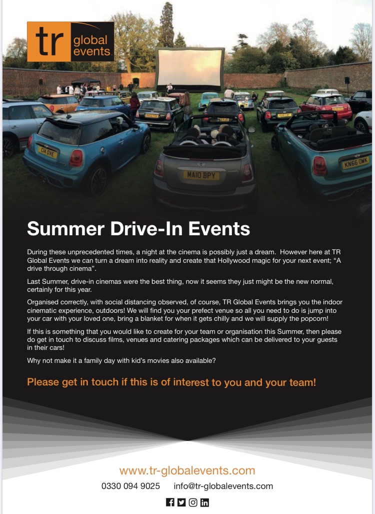 TRGlobalEvents's tweet photo. Are you still thinking of hosting a Summer event this year for your team or organisation? We have the best thing ever!
Get in touch!
#summerdrivein #cinema #summerscreen https://t.co/BwZcmfymqf