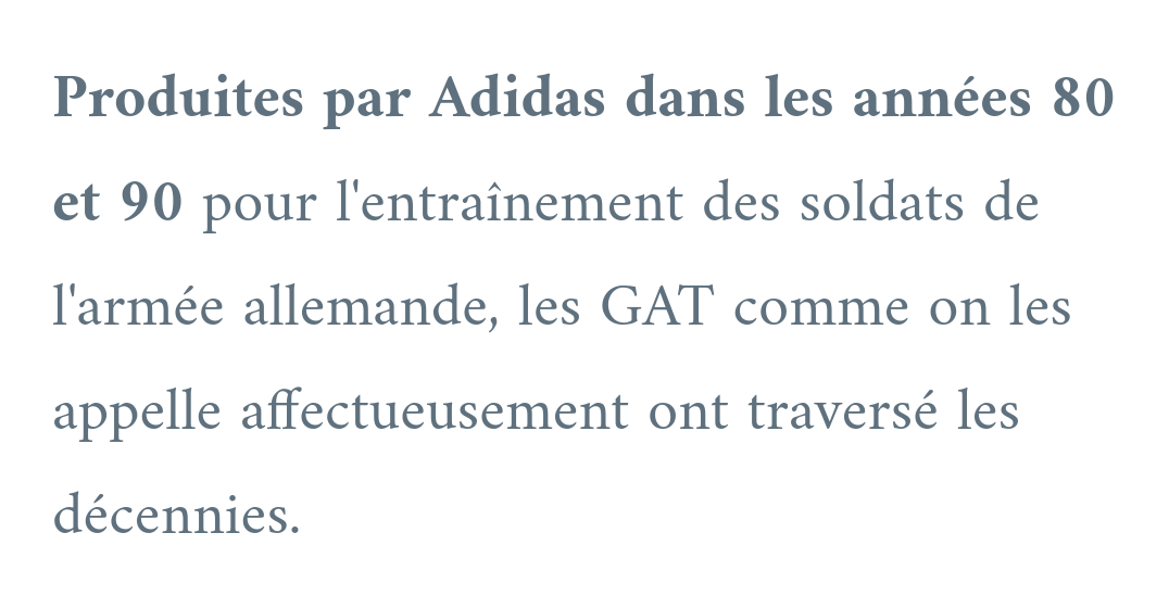 Et là c'est vraiment une des paires les plus stylés pour moi actuellement, le suede risquerait de tâcher ou se dégrader mais j'adorerais le porter. Malheureusement c'est cher car l'armée en fait plus donc c'est des marques luxe qui fontMarque : (adidas ?)Modèle : GAT