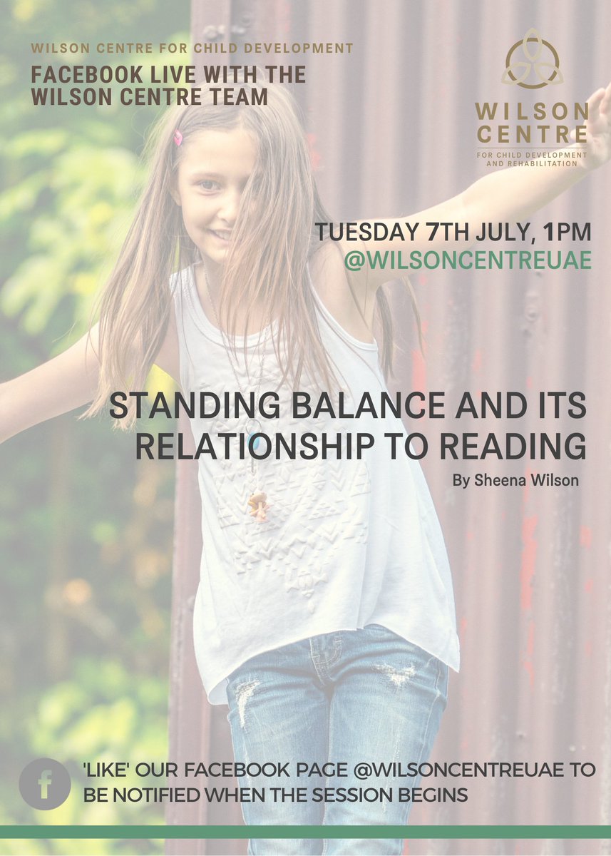 Join us tomorrow for a Facebook live webinar on the link between standing balance and reading aptitude.
#wilsoncentreuae #facebooklive #childdevelopment #parentingtalk #professionaldevelopment #freetalk