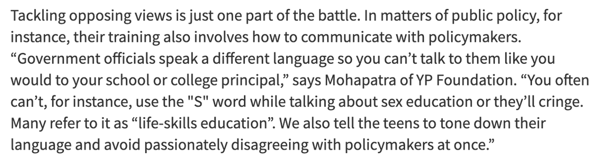 Something fascinating about what to keep in mind while training teens to talk to policymakers in this nugget: “You often can’t, for instance, use the "S" word while talking about sex education..." https://tech.economictimes.indiatimes.com/news/internet/inside-instagrams-teen-training-camp-for-positive-advocacy/76803173