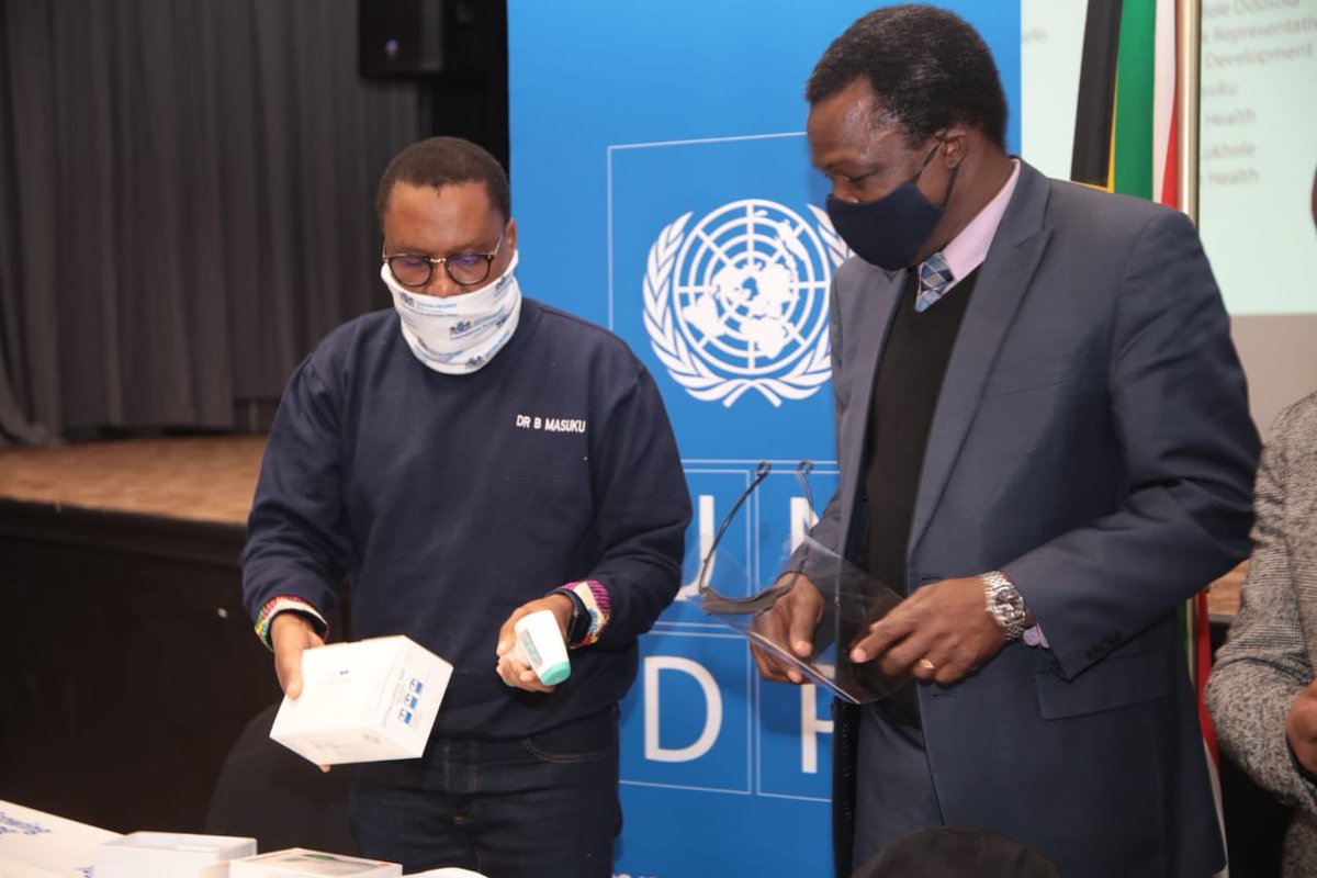 This Morning MEC Dr. Masuku &amp; HOD Prof. Lukhele received a Donation of PPE’s namely Visors, goggles, thermometers, sanitizers, reusable masks  and disposable aprons from Dr. Ayodele Odusola Resident Representative from United
Nations Development Programme (UNDP)SA #GautengCOVID19