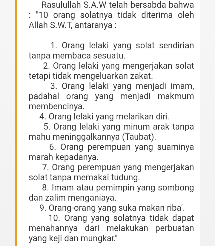 Artikelislam2's tweet photo. Sabda Rasulullah S.A.W yang bermaksud : "Barang siapa yang solatnya itu tidak dapat menahannya dari melakukan perbuatan keji dan mungkar, maka sesungguhnya solatnya itu hanya menambahkan kemurkaan Allah S.W.T dan jauh dari Allah." https://t.co/qwRlRqLtXZ