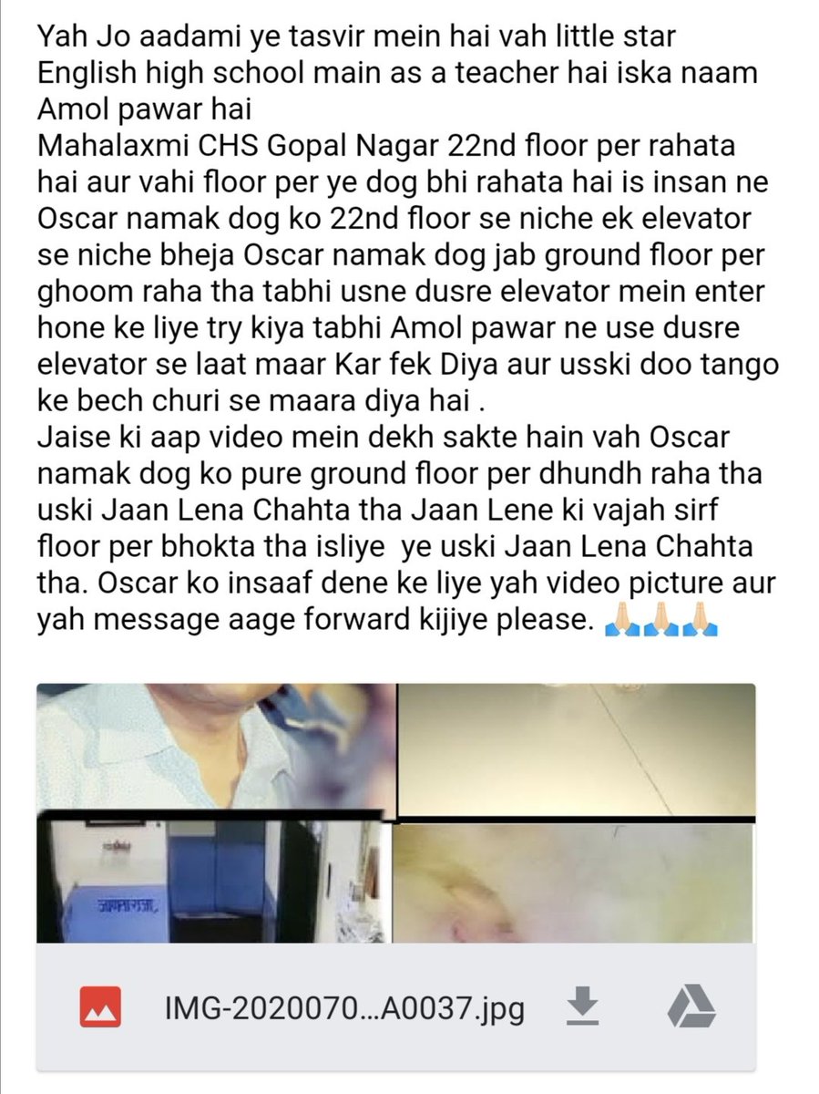 streetdogsof's tweet photo. This man named Amol Pawar, resides at Mahalakshmi CHS Gopal Nagar, Worli - 22nd floor. He kicked a dog named Oscar while entering the in elevator. Such people are even threat to humans.
@Manekagandhibjp @asharmeet02 @Sachbang @MumbaiPolice @CPMumbaiPolice @AUThackeray @PetaIndia https://t.co/Pc1nqAfUI5