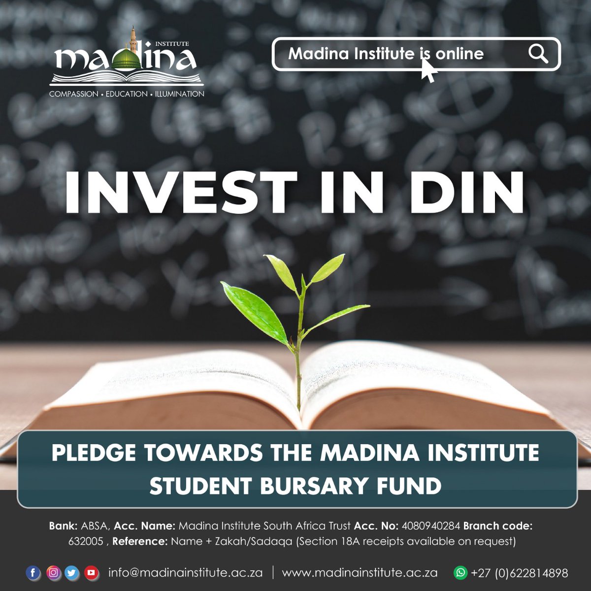 MadinaInstZA's tweet photo. Our bursary fund provides opportunities for students all over the country to study their Din. 

Assist our students by supporting the Madina Institute Bursary Fund today. Contact info@madinainstitute.ac.za or call +27 (0) 21 421 9027 for details

https://t.co/UQ4NA3jNtq https://t.co/SNZgRxwNde