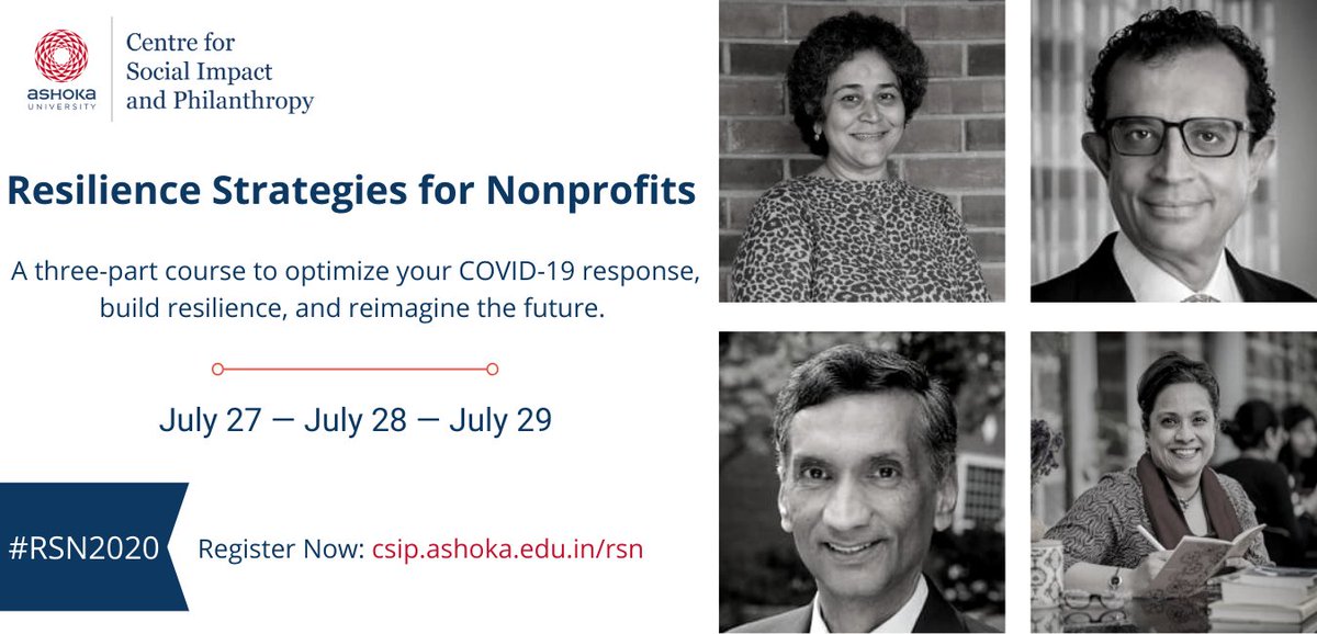 AshokaCSIP's tweet photo. Registration is OPEN for Resilience Strategies for Nonprofits, a new programme for India's NGO leaders responding to #COVID19 and reimagining the future. #RSN2020 registration: https://t.co/CDDfkEnnuf https://t.co/SohImOfyYu