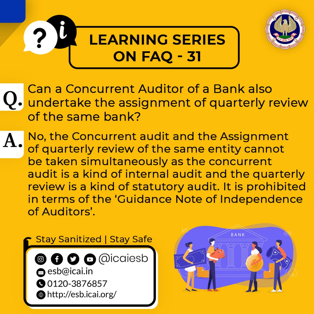 icaiesb's tweet photo. In the 31st section, we discuss if a Concurrent Auditor of a Bank can also undertake the assignment of the quarterly review of the same bank.
Share your doubts at esb@icai.in
#EthicalStandardsBoard #icaiesb #theicai #EthicalBoard #CharteredAccountancy #LearningSeries #CodeOfEthic https://t.co/1QwF5yhz3K