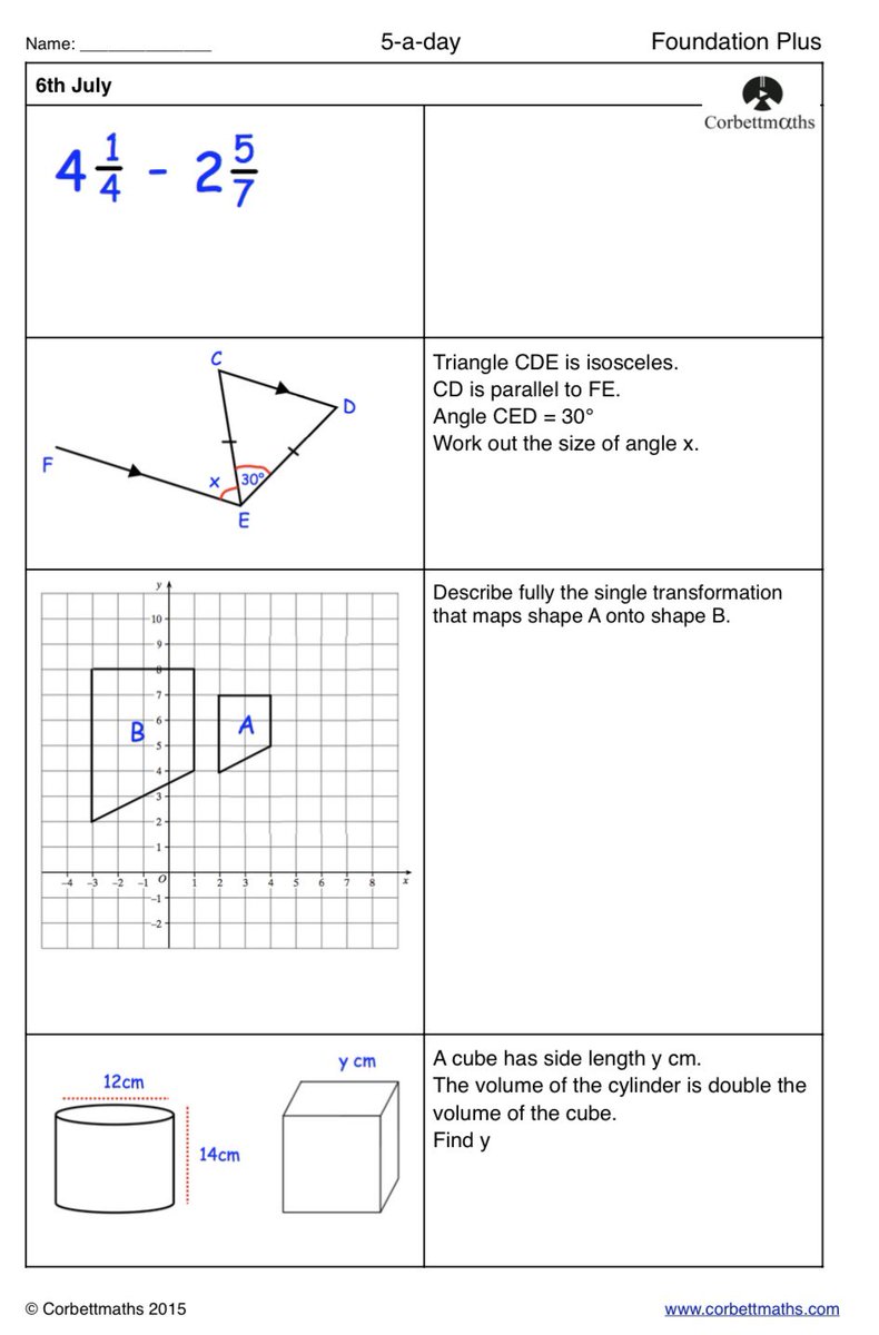 Studying for Foundation GCSE Maths? Try today's Foundation or the challenging Foundation Plus #maths5aday answers: corbettmaths.com/2016/10/26/jul…