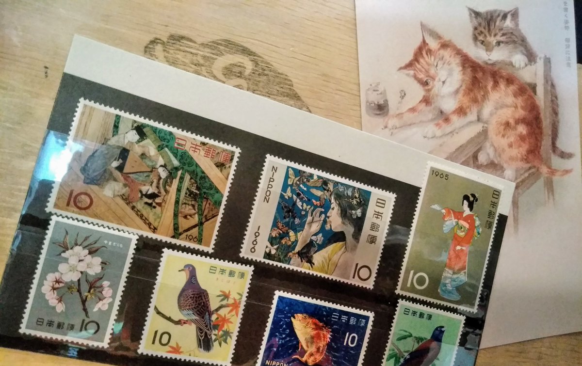 暇なので切手ポストカードセット製作 56年前の源氏物語などの古いけど今も使える切手70円分と手紙を書く猫のポストカードをセッ 07 06 神楽坂ねこの郵便局というなまえのお店