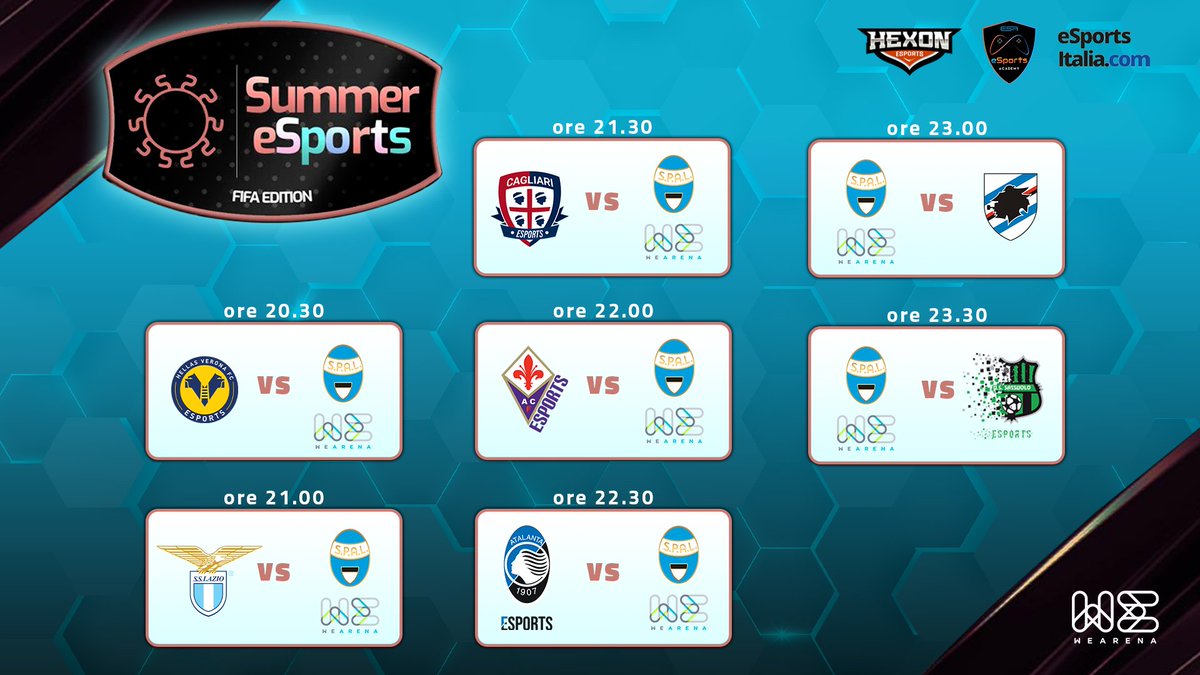 #SummerEsportsCup #FIFA edition ⚽️🎮
DAY 4

Turno decisivo per la qualificazione ai playoff del torneo di #FIFA20! 🔵⚪️🔵⚪️🔵
7 gare per <a href="/Skloppa/">Elio</a> e #notPxgboom per portare #SPALWeArena tra le big! 💪

🖥 twitch.tv/wearenalive, ore 20:30

<a href="/spalferrara/">SPAL</a>