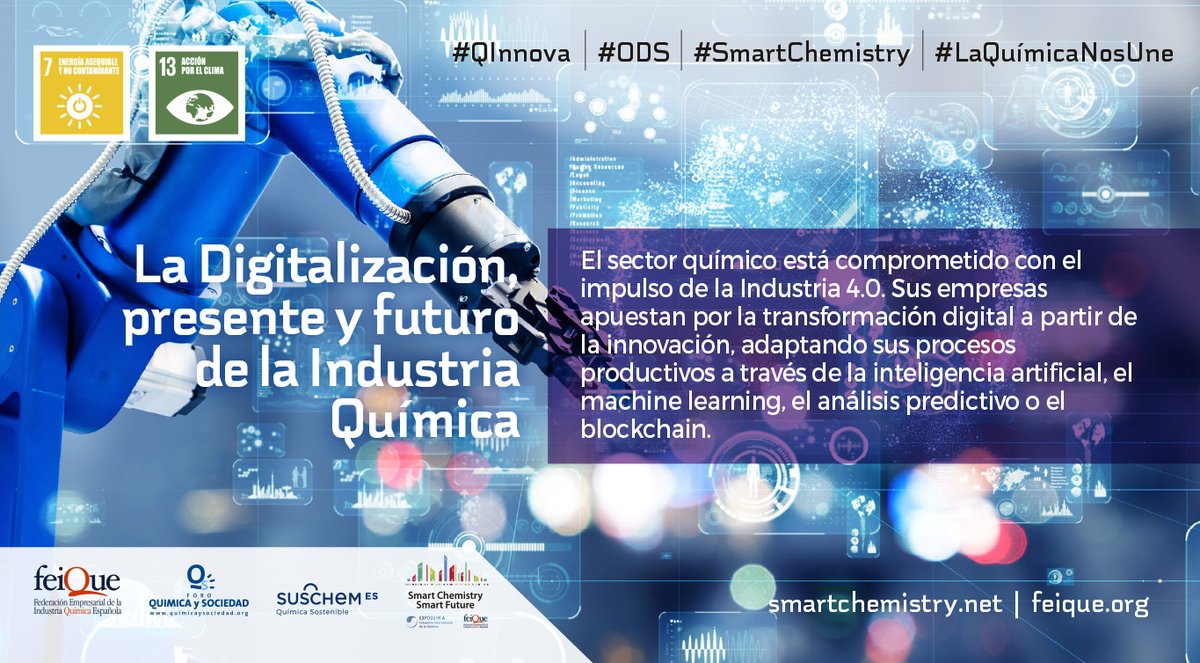 QUIMACOVA's tweet photo. Las empresas del #sectorquímico impulsan la #digitalización mediante la #innovación tecnológica aplicada a sus procesos de producción a través de la inteligencia artificial, machine learning, el análisis predictivo o el blockchain. #LaQuimicaNosUne #SmartChemistry #QInnova #ODS https://t.co/EpXa5yOd5r