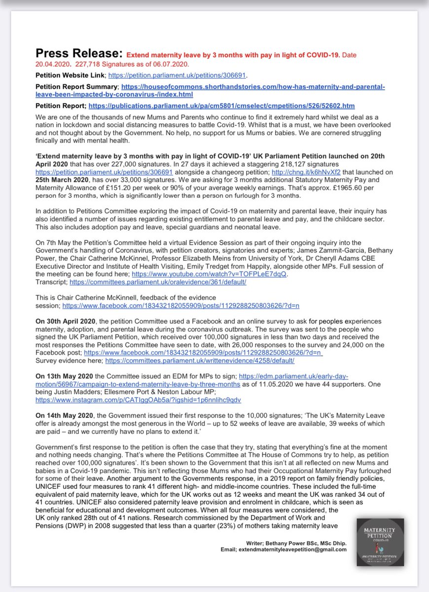 BethanyPower__'s tweet photo. NEW Press Release; “Extend maternity leave by 3 months with pay in light of COVID-19”. Date 06.07.2020. 

Link to download here; https://t.co/Iald7G6J0Q

Please share and pass on to relevant recipients. #maternitypetition 

@CatMcKinnell @scullyp @HoCpetitions @HouseofCommons https://t.co/f6Lj1aEoLV
