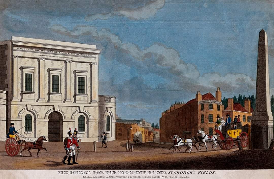 Reverting to St George's Circus, as I mentioned various institutions came to Southwark, seeking escape from overcrowded LondonOne institution that took its place on the circus was The School for the Indigent Blind, the subject of a number of prints