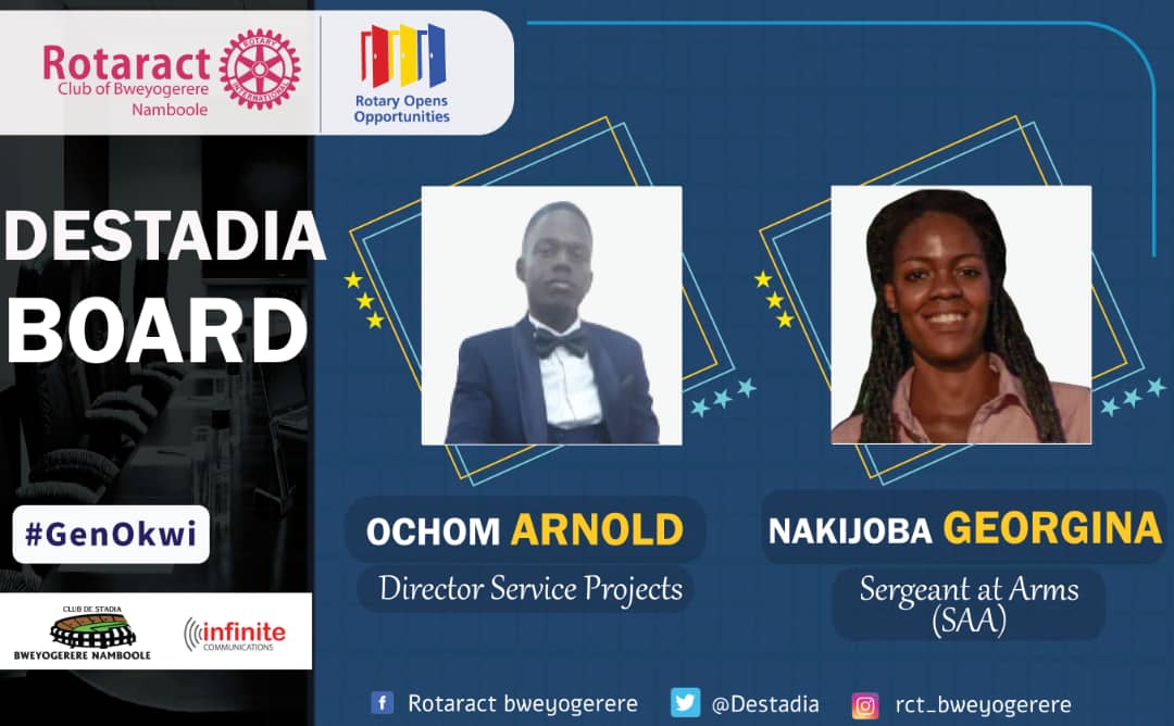 Destadia's tweet photo. Ochom Arnold @LavsEnterprises will be our Service Projects Director and Nakijoba Georgina @georginaruth7 will be our Sergent At Arms.

#GenOkwi
#DestadiaFriday https://t.co/eYeEMjIOl1