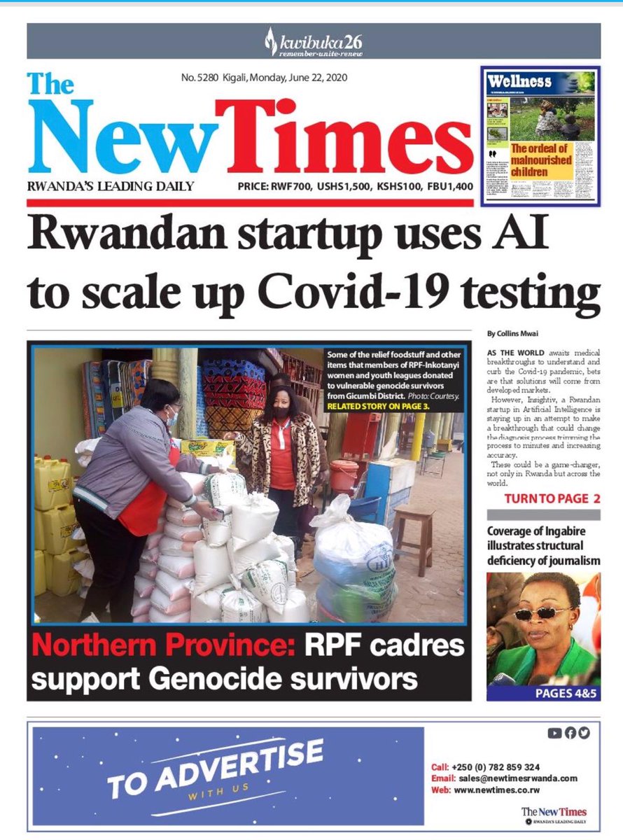 MobileTechGroup's tweet photo. One of the #mhealth startups from our group, founded by Audace Nakeshimana was recently featured on the cover of the main Rwandan newspaper for the great work they are doing using #AI to help diagnose #COVID19. Congratulations Audace! https://t.co/v8nJT0wD1B https://t.co/F18HIiFB2s