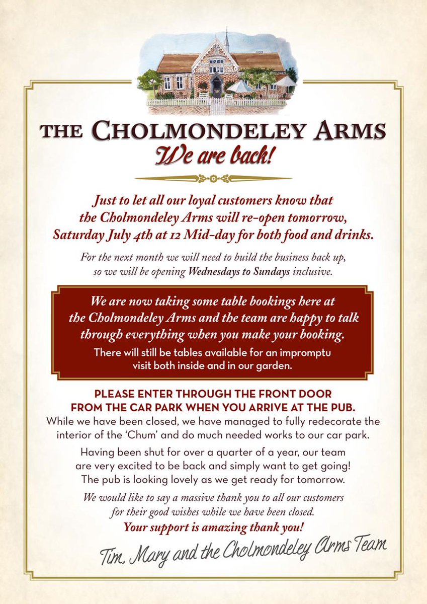 Now that we're back😊 please see below for more details ⬇️⬇️⬇️
&amp; note that while we're getting into the swing of things, we'll be opening from Wednesdays to Sundays inclusive.
•
•
#cholmondeley #cholmondeleyarms #placetovisit #cheshirepub #pubsareback #PubsAreOpen