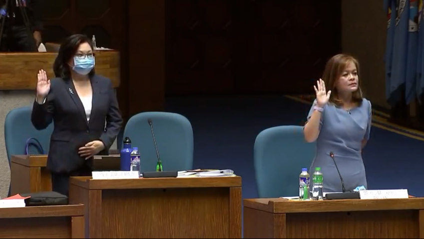 LOOK: ABS-CBN Head of News Digital Lynda Jumilla and Head of Integrated News & Current Affairs Ging Reyes take their oath at the House hearing on the  #ABSCBNfranchise.