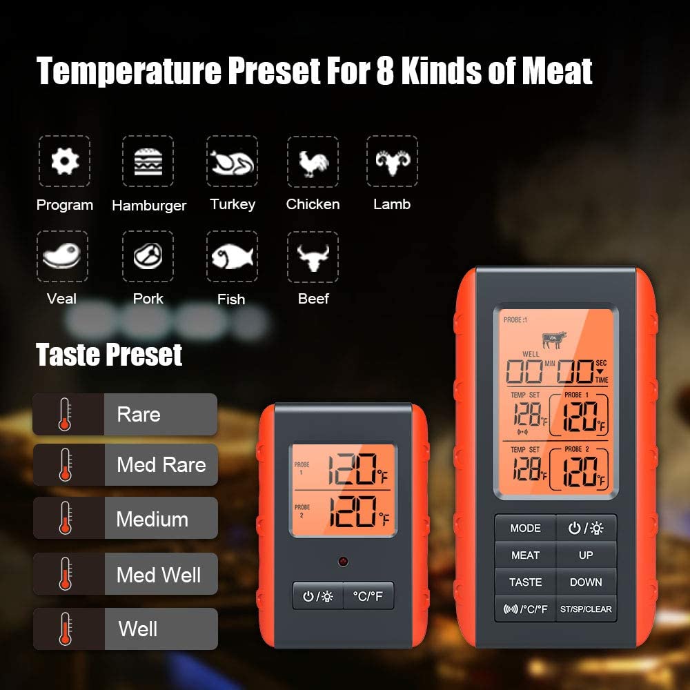 (No re-view &amp; Free)【Easy to Use】This digital cooking thermometer with dual probes enables you to monitor two kinds of meat, Or single sensor can be used as an oven probe that will accurately reads both food and ambient temperature simultaneously.