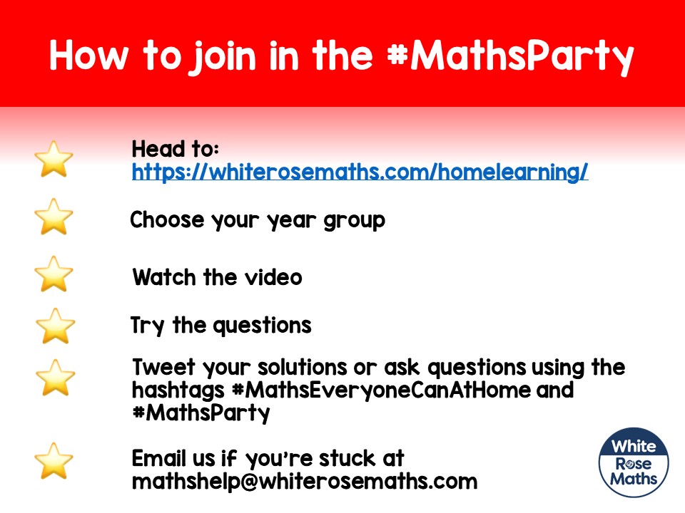 WhiteRoseEd's tweet photo. 🏡 Morning! Who's ready for another week of #HomeLearning?
Here's how to join our Monday #MathsParty! 
https://t.co/Pt5mRrqW3a
#MathsEveryoneCanAtHome https://t.co/fKCzCuNGRB