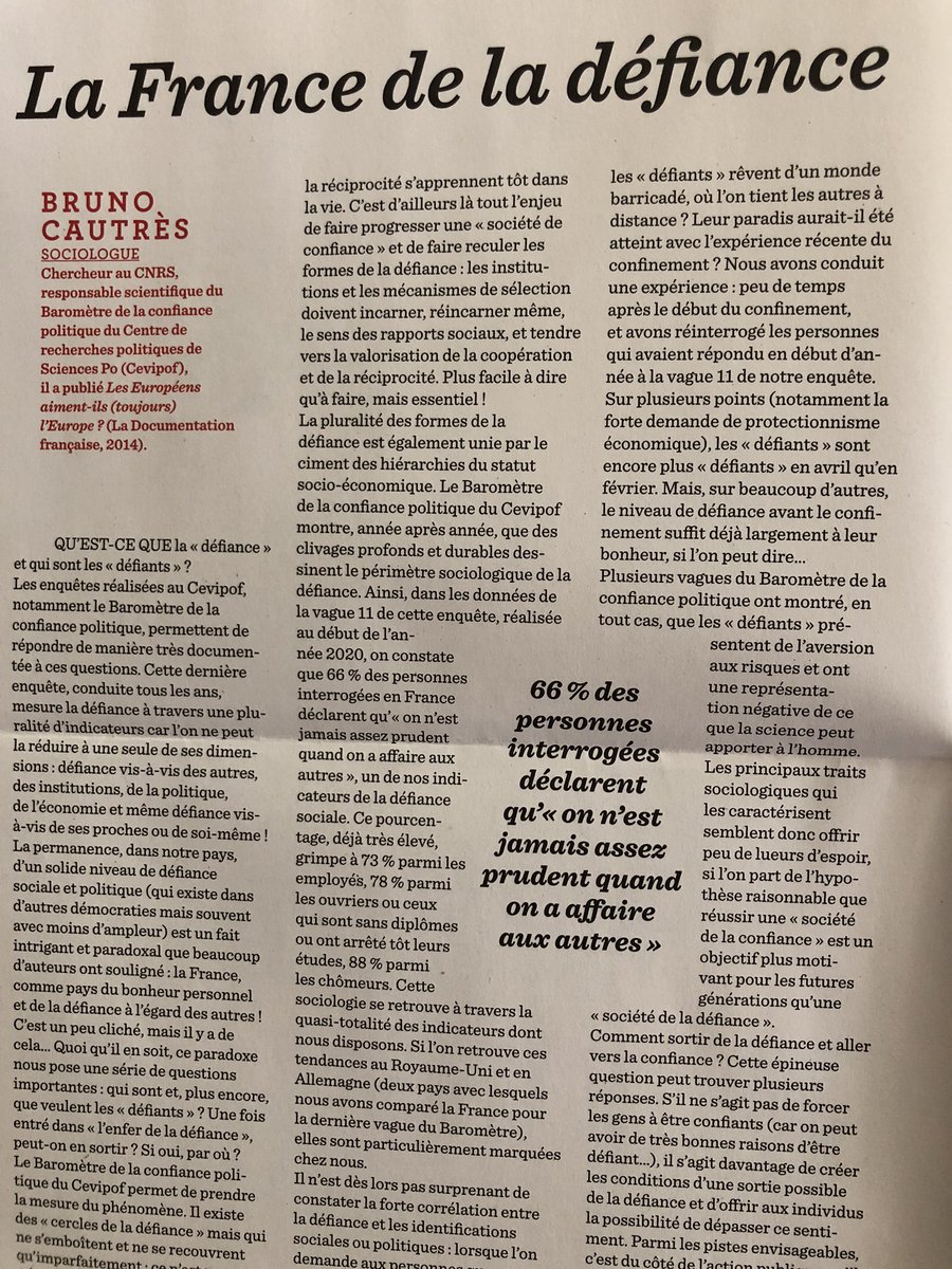 ericfotto's tweet photo. Quelle est cette France de la défiance où 66% des français estiment qu’on n’est jamais assez prudent quand on a affaire aux autres. L’analyse en profondeur de @BCautres est à lire dans @Le1hebdo sur la défiance dans notre pays. https://t.co/kEhQ83yMcd