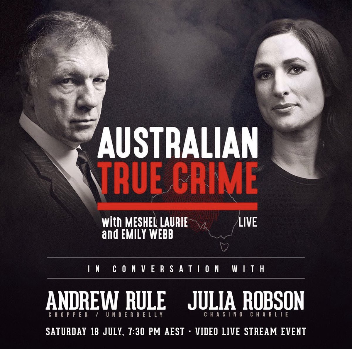 oiptyltd's tweet photo. Need an update on Chasing Charlie? Looking for a True Crime fix? Please join us for a great night in on the 18th July. Hosted by Meshel Laurie and Emily Webb (Australian True Crime), they will be chatting to Crime Writer Andrew Rule and our very own Julia Robson. https://t.co/pq9U49dsm8