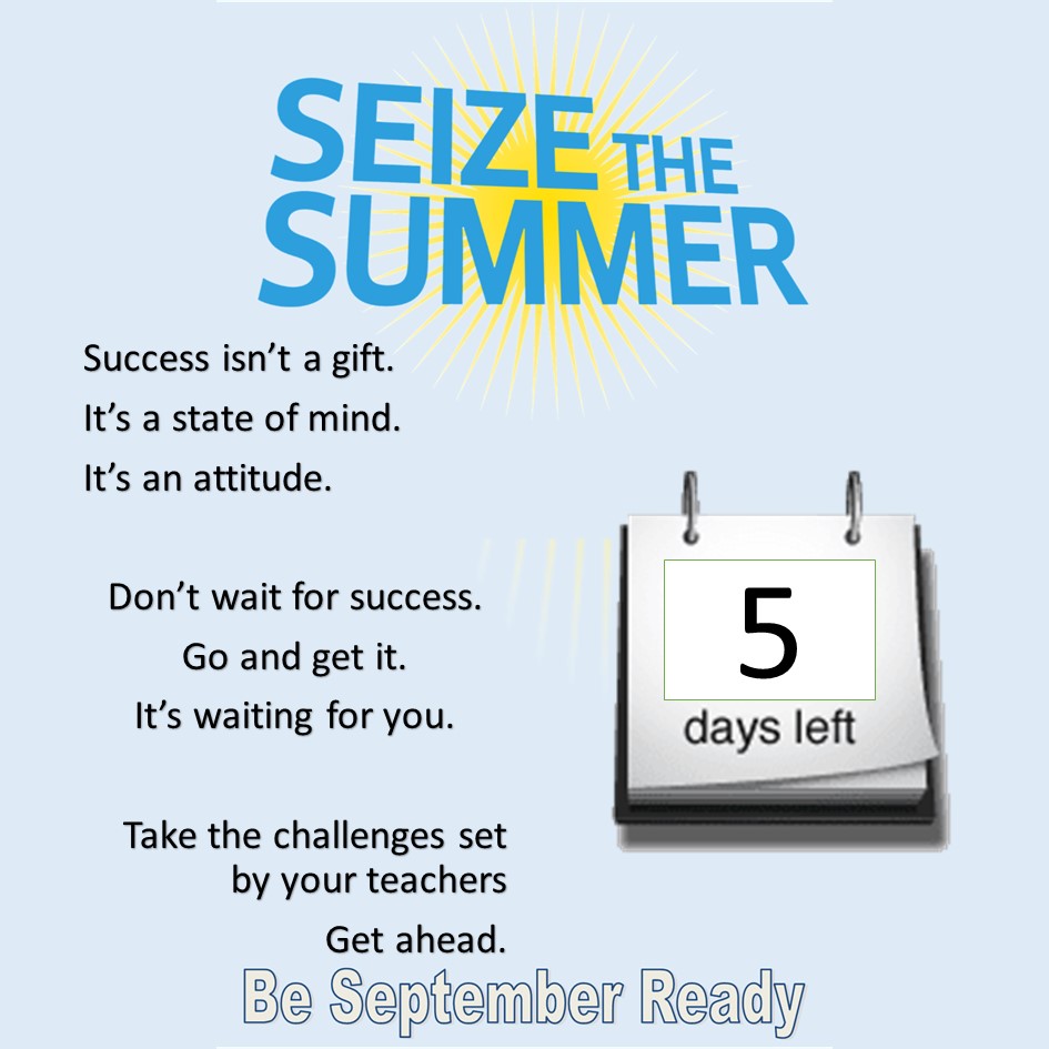 5⃣ days to go to our Seize the Summer Challenges! <a href="/tsas_art/">TSAS_Art</a> @TSAS_history <a href="/tsascareers/">Thorpe St Andrew School Careers Team</a> <a href="/TsasScience/">TSAS Science Department ⚛️</a> <a href="/TSAS_MFL/">Thorpe St Andrew School and Sixth Form - MFL</a> <a href="/TSAS_Philosophy/">Thorpe Philosophy</a> <a href="/TSASEnglish/">Thorpe St Andrew School English Department</a> <a href="/TSASMedia/">Thorpe St Andrew School Media and Film Department</a> <a href="/tsas_geography/">TSAS_Geography</a> <a href="/Thorpe_PE/">Thorpe St Andrew PE</a> @LibraryThorpeS1