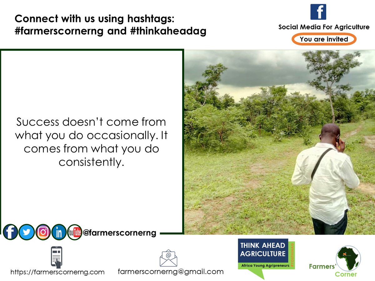 farmerscornerng's tweet photo. Success doesn't come from what you do occasionally. It comes from what you do consistently.
#success #successinag #agribusiness #quote #quoteoftheday #mondaythoughts #mondaymotivaton #foodchain #thinkaheadag #farmerscornerng https://t.co/JdmU3hWcQ4