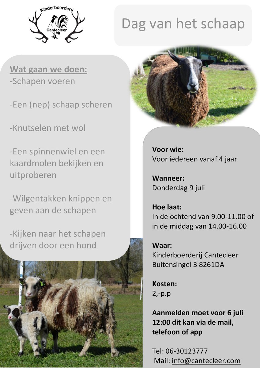 🐑Zomeractiviteiten bij de Cantecleer🐑
✅A.s. donderdag 9 juli. Dag van het Schaap.
✅van 09.00-11.00 of 14.00-16.00
✅Er zijn nog plaatsen beschikbaar.
✅Kun je niet die dag? Er zijn veel meer activiteiten!
🌍cantecleer.com/zomeractivitei…