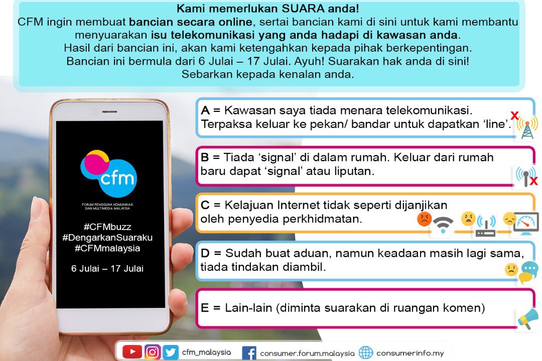 CFM_Malaysia's tweet photo. Suarakan isu telekomunikasi yang anda hadapi di kawasan anda di sini.
Sertakan bersama info: Lokasi, ‘snapshot’ sebagai bukti, pengguna mobile internet/Home Broadband, (diminta jangan sertakan maklumat peribadi anda)
#CFMbuzz
#DengarkanSuaraku
#HakAndaKeutamaanKami
#CFMmalaysia https://t.co/L5DCEbB9QU