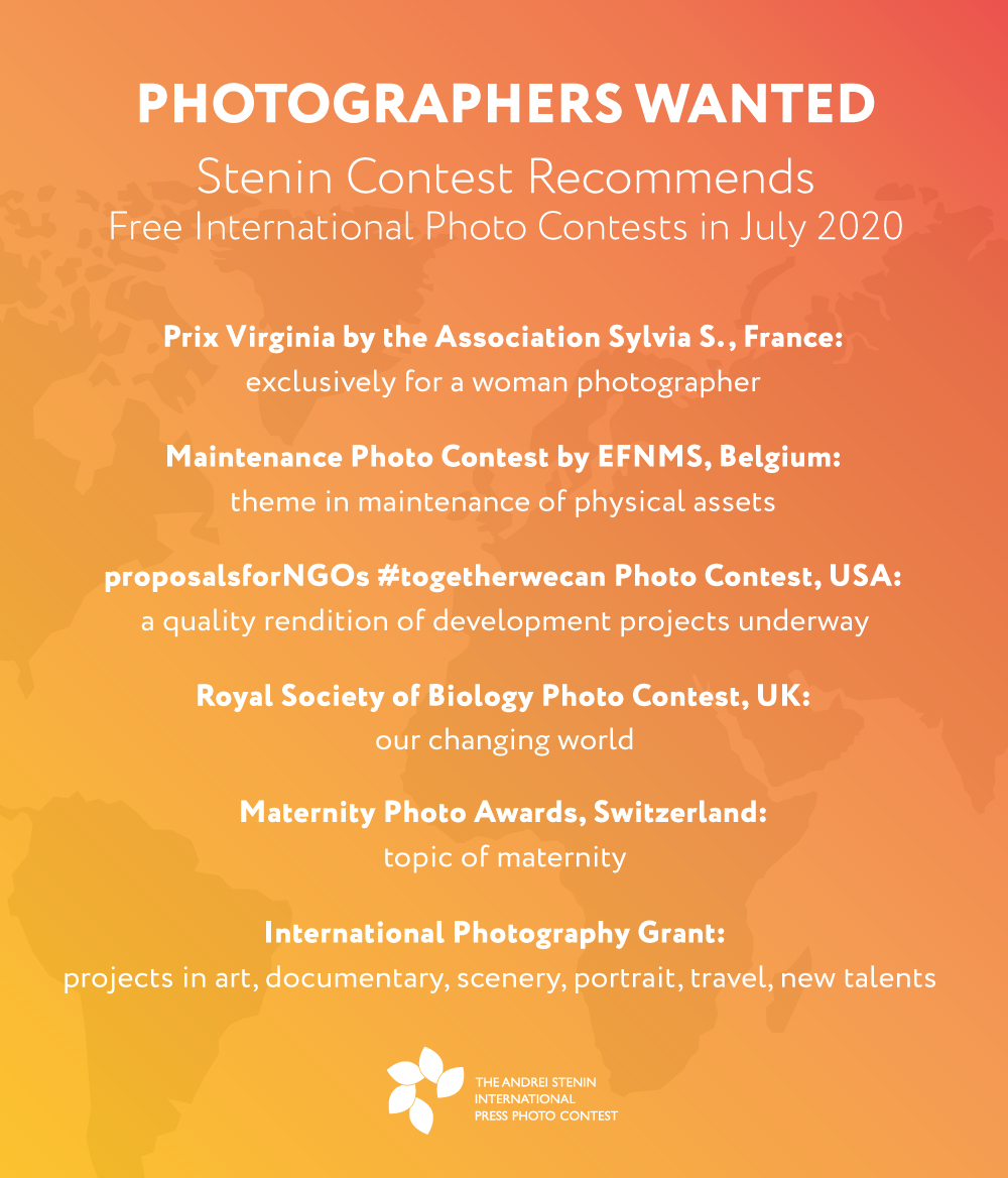 SteninContest's tweet photo. PHOTOGRAPHERS WANTED!
⠀
We offer you a new portion of international free photo contests recommendations for July 2020.
⠀
#stenincontest #photography #photojournalism #photocontest #intlphotomag @Prix_Virginia #women #efnms #NGO @proposalsforngo #biology #maternity @RoyalSocBio https://t.co/vbx2jLuVlc