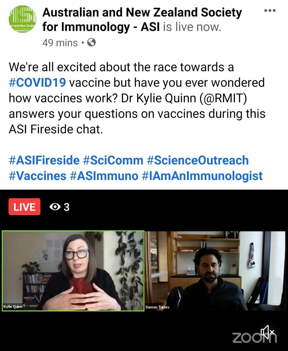 GabrielaKhoury's tweet photo. Really enjoying the engaging  #ASIFireside chat discussion on #vaccines this afternoon! @DrQuinn4realz and @DamonTumes have covered everything! From taking antibodies from #Covid19 recovered people to nanotechnology! #SciComm #WomenInSTEM #ScienceOutreach https://t.co/LXkAvgynvk