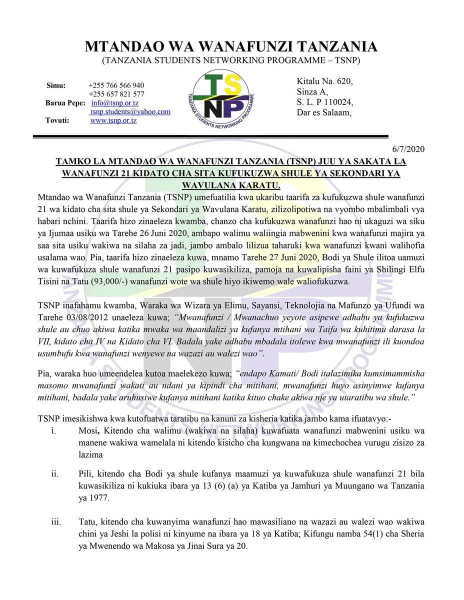 TSNP_Wanafunzi's tweet photo. TAMKO LA TSNP JUU YA SAKATA LA WANAFUNZI 21 WA KIDATO CHA SITA WALIOFUKUZWA SHULE SIKU CHACHE KABLA YA MTIHANI WA TAIFA (NECTA) KATIKA SHULE YA SEKONDARI YA WAVULANA KARATU. 

#SautiYaWanafunzi #tsnp #Tanzania https://t.co/GZxttDs4Uv