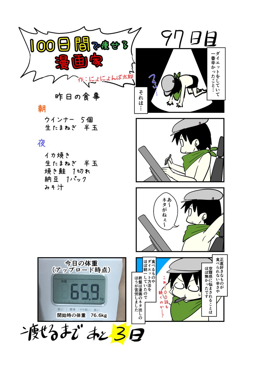 「100日間で痩せる漫画家」
97日目
(毎日19時頃アップします!)

色んなタイプのダイエット実践してたら、それこそ無限に描けますけどね!
でも効果が無いであろうダイエットしてても意味がないし金もかかるので。

#100日間で痩せる漫画家
#ダイエット 