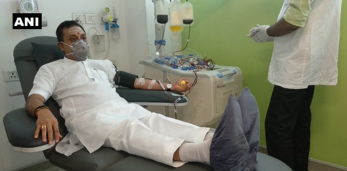 Haryana: BJP leader Sambit Patra donates blood plasma at Medanta hospital in Gurugram.