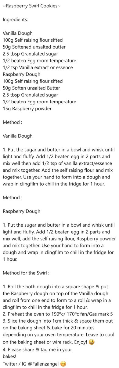 FallenzAngel's tweet photo. ~Raspberry Swirl Cookies~ Thankies to everyone’s lovely comments about these Swirl cookies 😊💕here’s my recipe and photos to show you how to make the swirls! I would love to see your #RaspberrySwirlCookies ❤️please tag me if you do😃#SwirlCookies #TheGirlWithTheSwirl https://t.co/UHGZq3RGBu