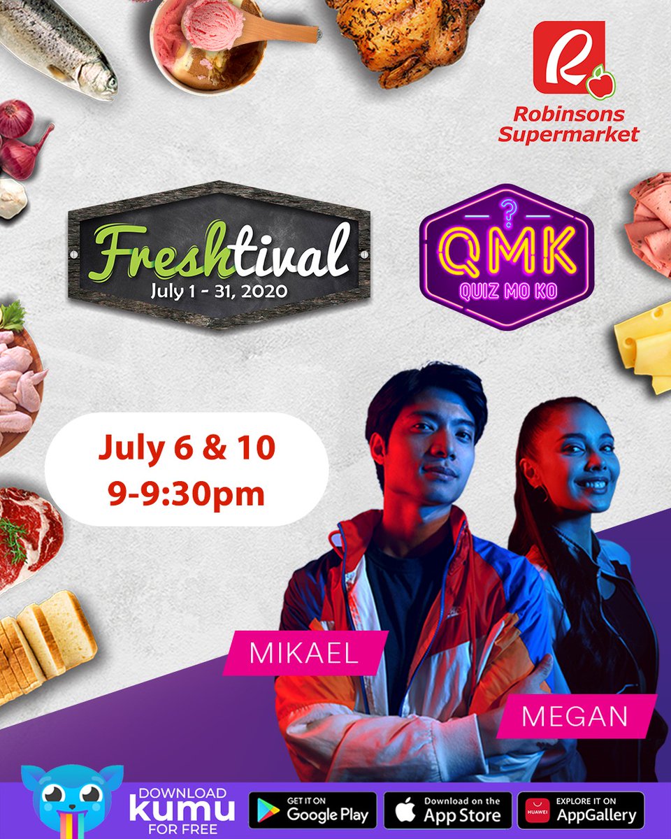 kumuPH's tweet photo. Look who's celebrating the Freshtival with us! 👀 Quiz Mo Ko hosts, Mikael and Megan, will be asking some FRESH questions on July 6 &amp; 10 from 9-9:30pm! 😋🎉 See you there, kumars! 😘👋 @RobSupermarket
 #KumuPH #RobinsonsFreshtival

I-KUMU na yan
https://t.co/mzK3y1oaqL https://t.co/vgaB8FzJRF