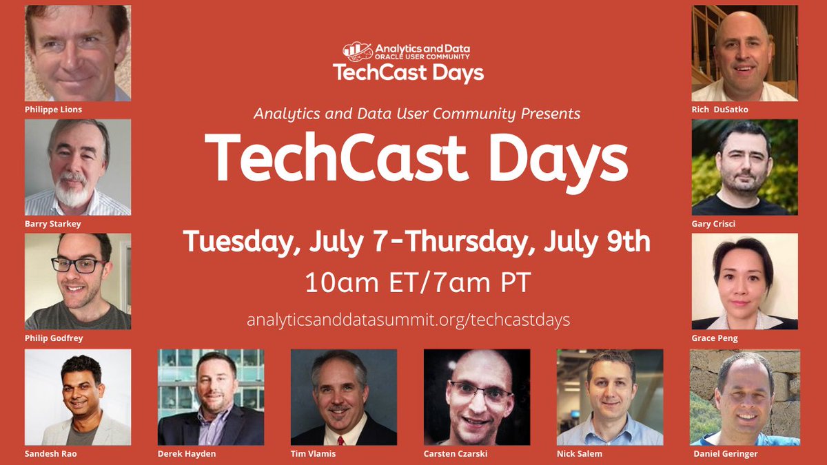 This week: "TechCast Days" July 7, 8 and 9 - eleven free online sessions on #machinelearning #Spatial and #analytics. Proudly presented by <a href="/AnalyticandData/">Analytics&DataUserCommunity</a> Oracle User Community. Register today - analyticsanddatasummit.org/techcastdays/  #AnDOUC