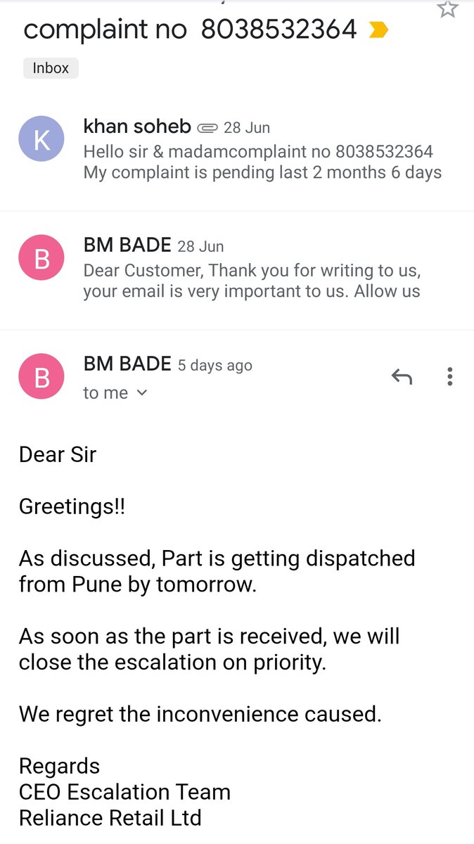 Soheb45234402's tweet photo. @Ms_Asra_Khan @RelianceDigital @RelianceGenIn Hello sir madam 
Contact no 7021706361
Complaint no 8038532364
My reconnect split ac not working  model no is xs-183B80 Sir 5 din hogaya part pune se abhi tak nahi aaya pune to mumbai 5 ghante ka safar hai par abi tak mera part nahi aaya mujhe 2mahine se pareshan kar rahe hai https://t.co/yheIcQ50wT