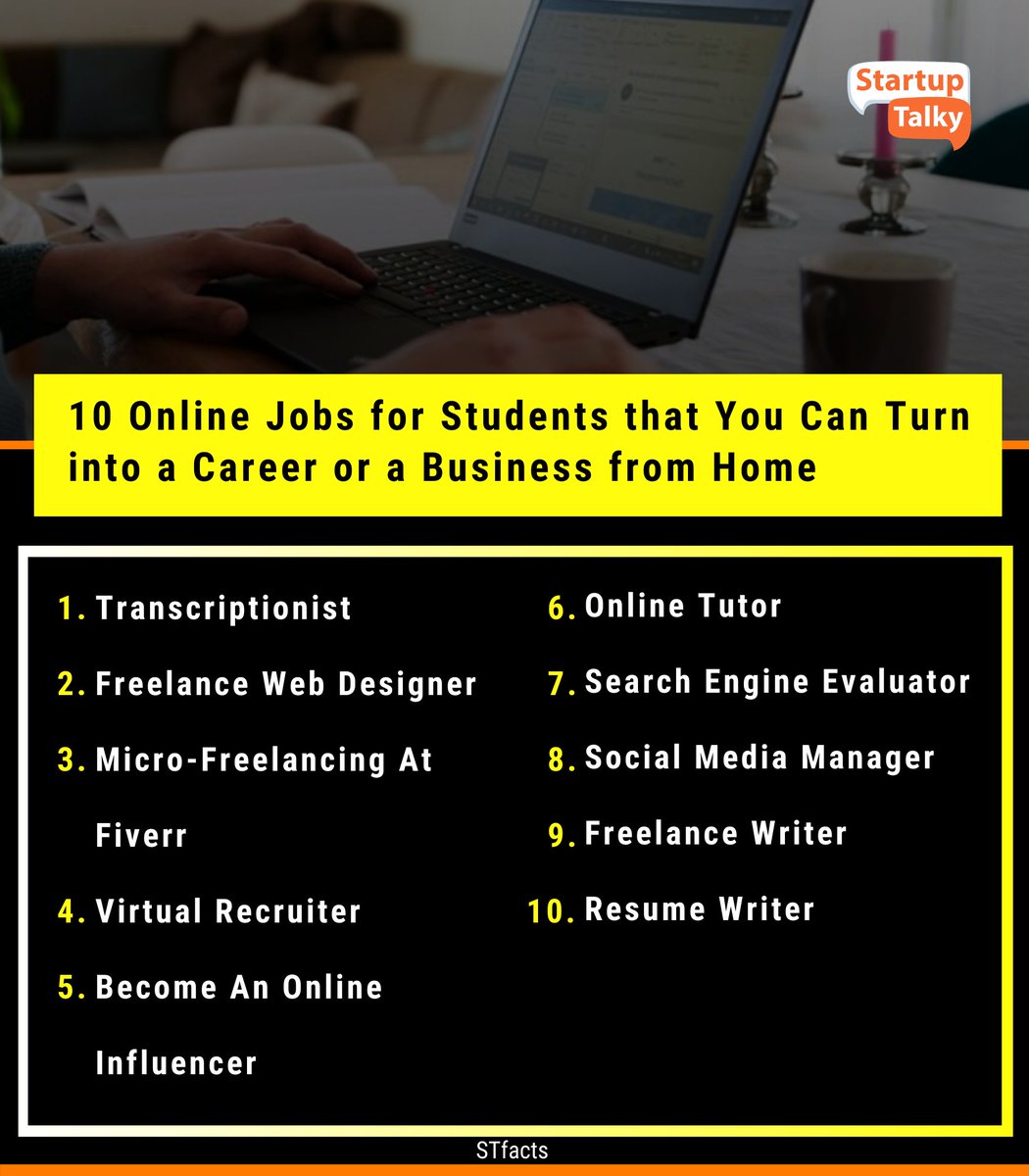 startuptalky's tweet photo. Great Online Jobs For Students That Can Get Your Professional Life Started
#STFacts #StartupFacts #workfromhome #onlnejob #onlinework #searchengine #socialmedia #freelancing #fiverr https://t.co/9BsVsz1XGu