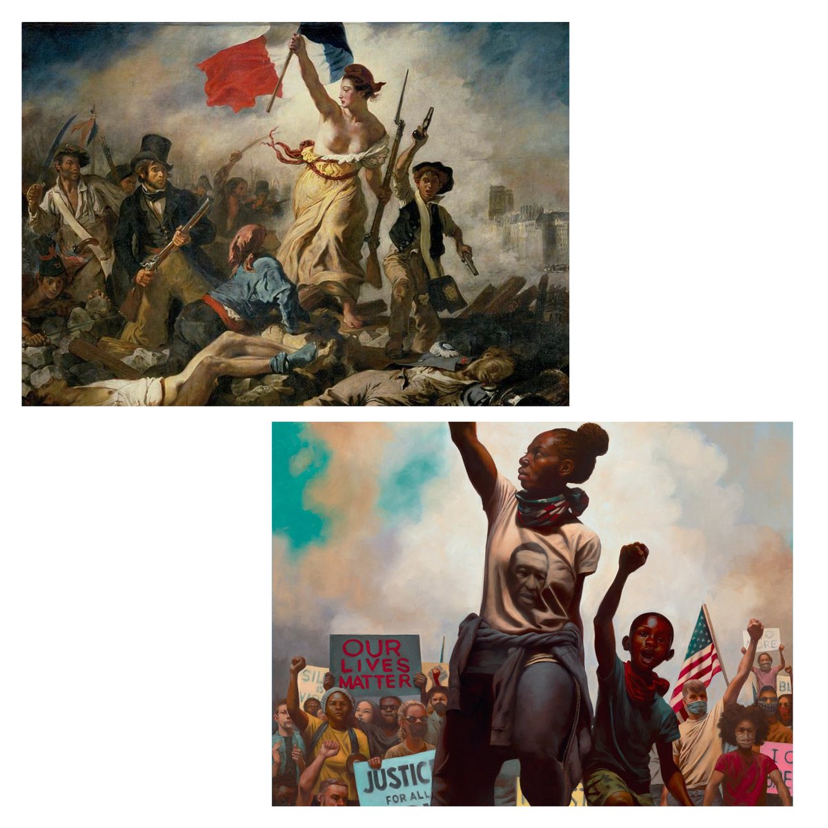 2/Nelson's reproduction treats his 'Liberty' as a lone warrior, no husband, father, worker or adult son to protect her. The nearest person is her son. If she is to be the new manifestation of Columbia, under whom all Americans are equal, she is UNPROTECTED, easily maimed+killed