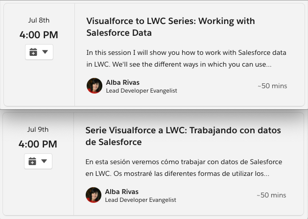AlbaSFDC's tweet photo. This week, third webinar of the #VisualforceToLWC series: Working with Salesforce Data. Add to calendar the session in English or in Spanish --> https://t.co/gIi4yT0WPU @SalesforceDevs https://t.co/esVpMG8h9V