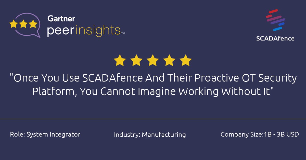 Eladbm's tweet photo. Based on the average rating, @SCADAfence is rated #1 out of the top 20 vendors in the #OTSecurity industry, on @Gartner_inc's #PeerInsights platform. 

Here is one of many reviews by a customer and what they had to say about the SCADAfence Platform:

https://t.co/EjD382L1kJ https://t.co/DeJF8xqwPi