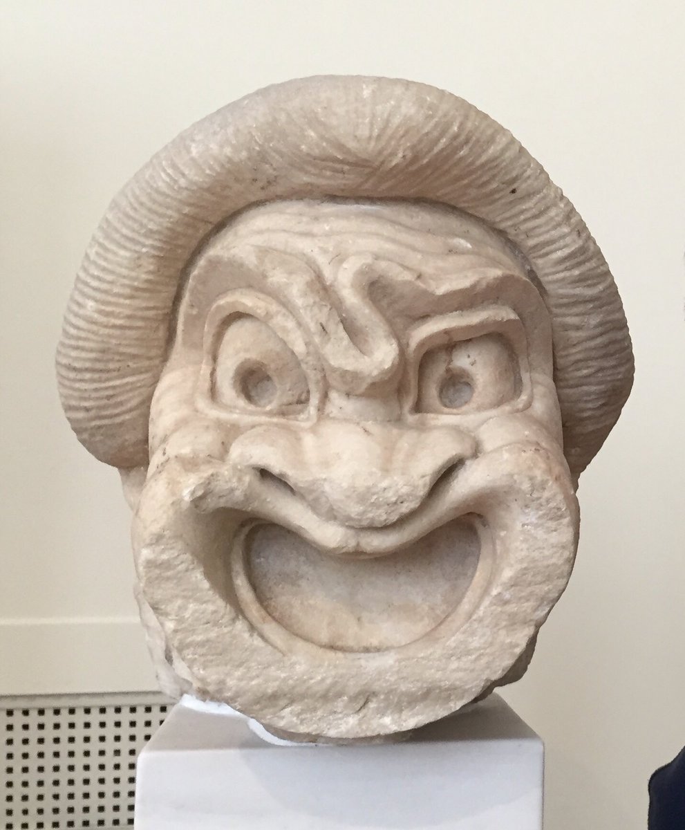 This marble theatre mask was found in Athens. It depicts the exaggerated features of the ‘tricky slave’ a stock character of the ‘New Comedy’ theatre of the Hellenistic period, 2nd century BC  @namuseumathens  #museumsunlocked