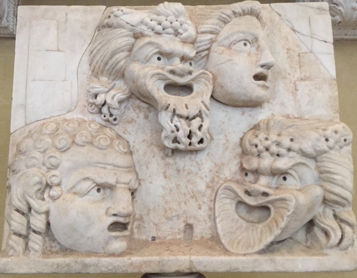 Greek ‘New Comedy’ had a big influence on Roman comedy which is evident from this marble relief depicting Roman comedy theatre masks, 2nd century AD, displayed in the Vatican Museums,  #MuseumsUnlocked