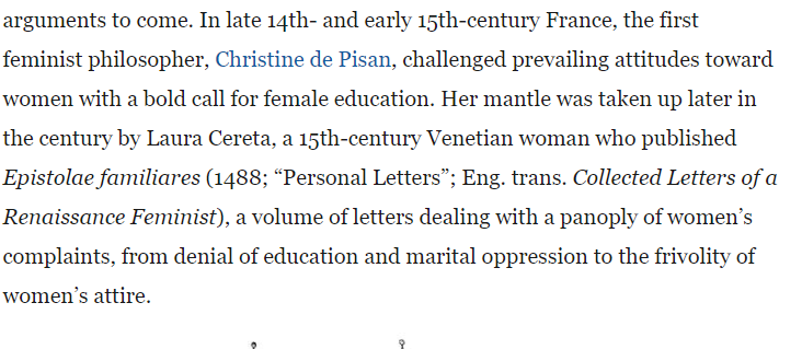 Early 15th-century France,Christine de Pisan, challenged prevailing attitudes toward women with a bold call for female education, Marital oppersssions & frivolity of  #Woman's attire. @GharWapasi_  @VertigoWarrior  https://www.britannica.com/topic/feminism#ref2160059/n