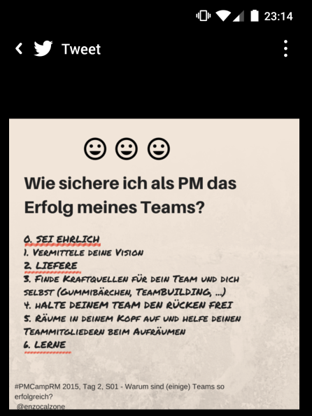 enzocalzone's tweet photo. Was man beim Screenshoot durchforsten so findet. Hier was vom #PMCampRM 2015. Ein/Eine Teilnehmerin meiner Session hat 6 Kernbotschaften zusammengefasst. ggfs. mache ich nach 5 Jahren mal ein ReMake. Mal sehen wie groß die Anpassungen (im Talk) sein würden #Kojengedanken https://t.co/qfjBXm2wm7