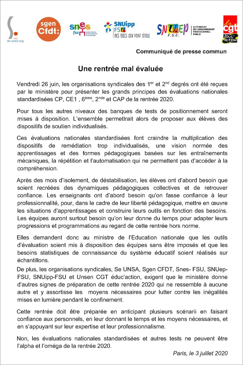 CFDTefrp's tweet photo. [RENTRÉE 2020] #Évaluations : "Les évaluations nationales standardisées et autres tests ne peuvent être l’alpha et l’oméga de la rentrée 2020..." Communiqué de presse intersyndical @education_gouv https://t.co/60cxaog4Sw
