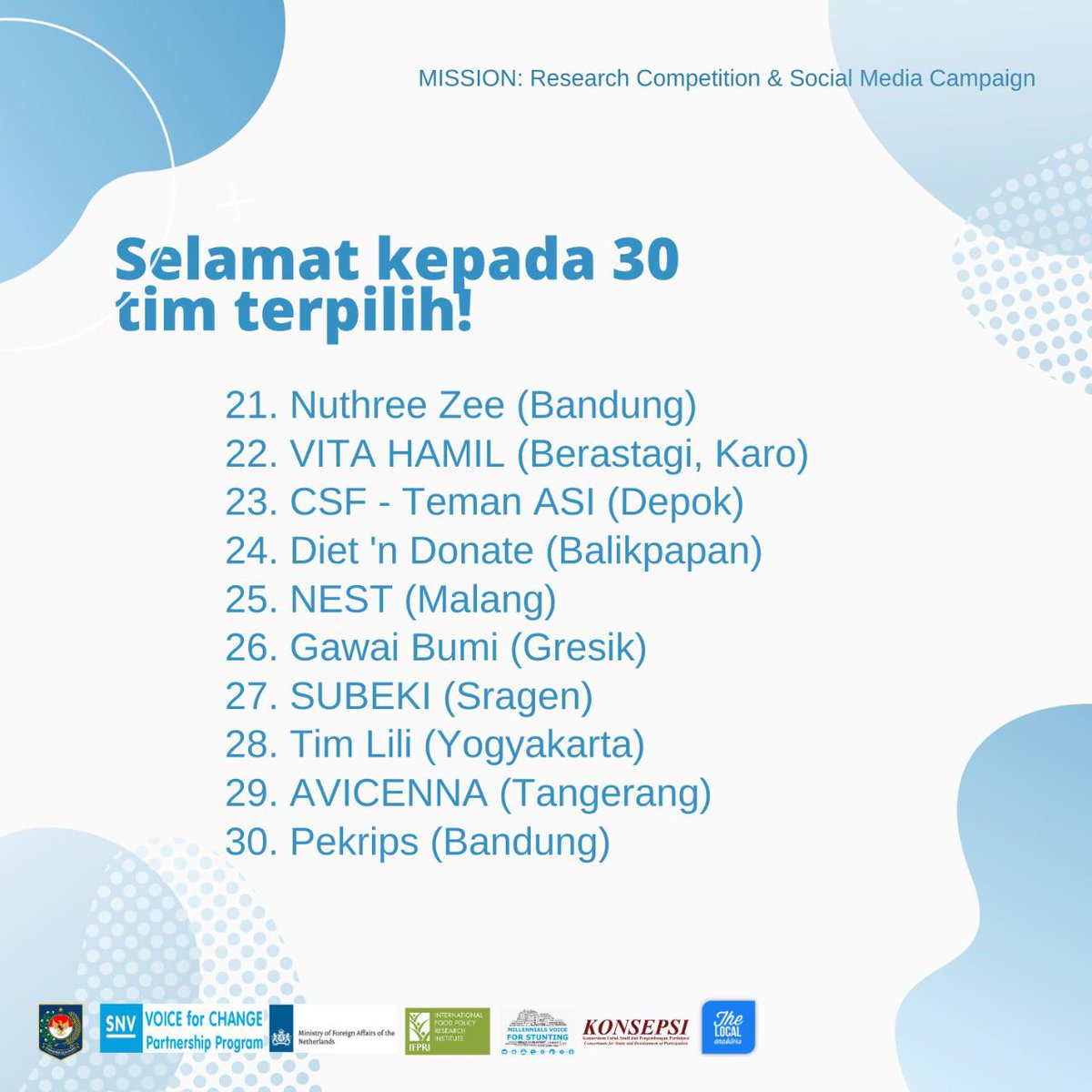 konsepsintb's tweet photo. Congratulations to the 30 teams and their work. You have the right and qualify to take the next steps.
@SNVIndonesia @SNVworld #V4CP #MillennialsVoiceForStunting https://t.co/zKoxaiW1Ku