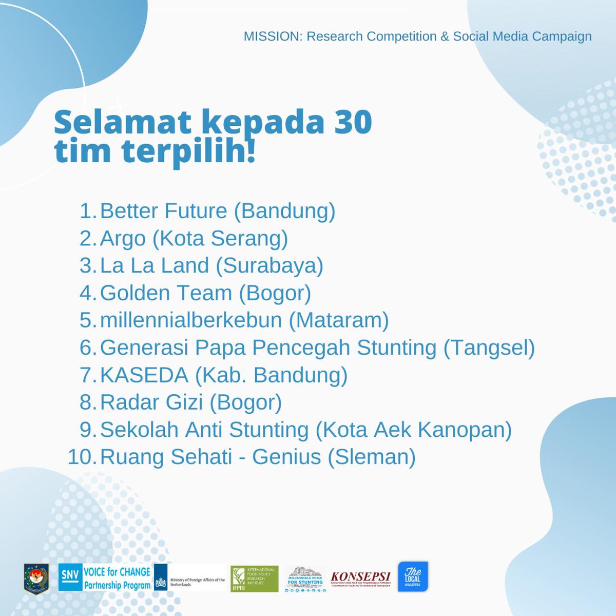 Congratulations to the 30 teams and their work. You have the right and qualify to take the next steps.
<a href="/SNVIndonesia/">SNV Indonesia</a> <a href="/SNVworld/">SNV - find us on Bluesky as snv.org</a> #V4CP #MillennialsVoiceForStunting