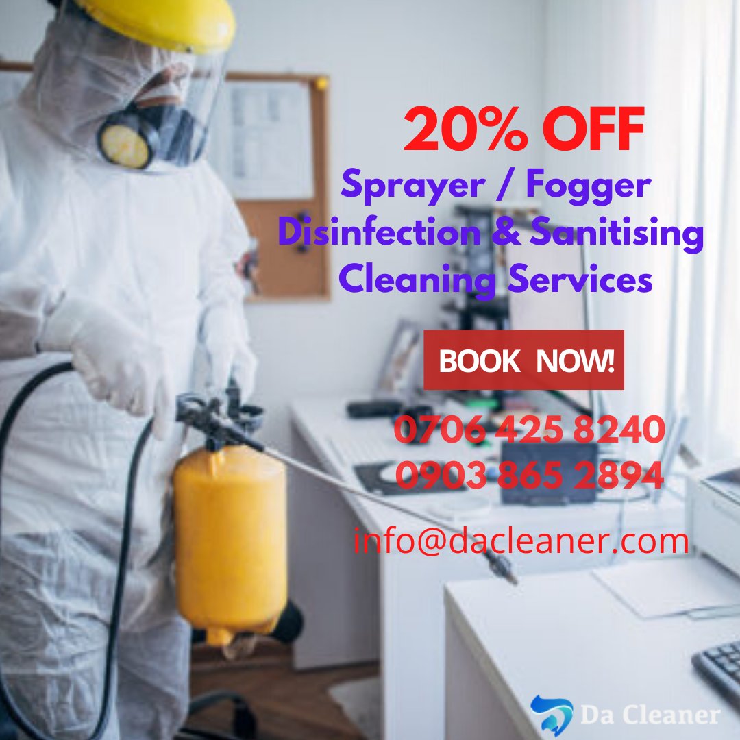 Dacleaners's tweet photo. Let's do the cleaning and fumigation for you, enough of going through the stress alone.
We are giving 20% off on all types of cleaning, simple call these numbers 07064258240 or 09038652894 for bookings.
Hurry Now!!! https://t.co/mZo0coKr7F